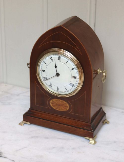 fig 1. Edwardian Mahogany and Inlay Lancet Top Mantel Clock (England and France, c. 1905)