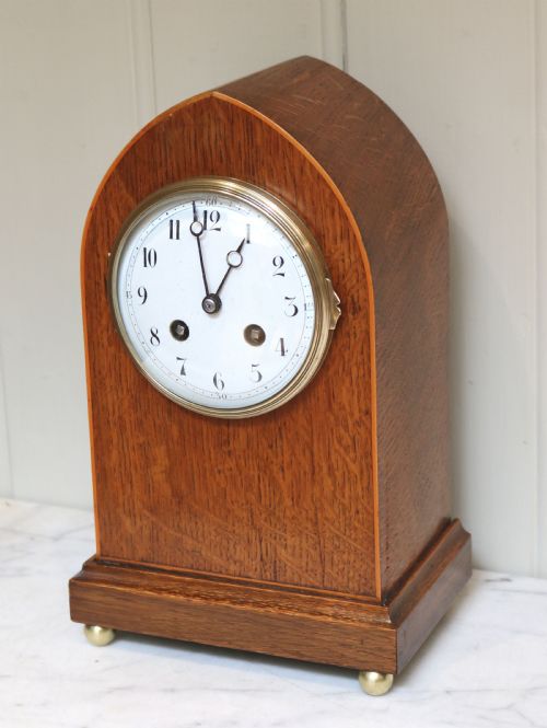 Edwardian Solid Oak Lancet Top Mantel Clock (England and France, C. 1910)