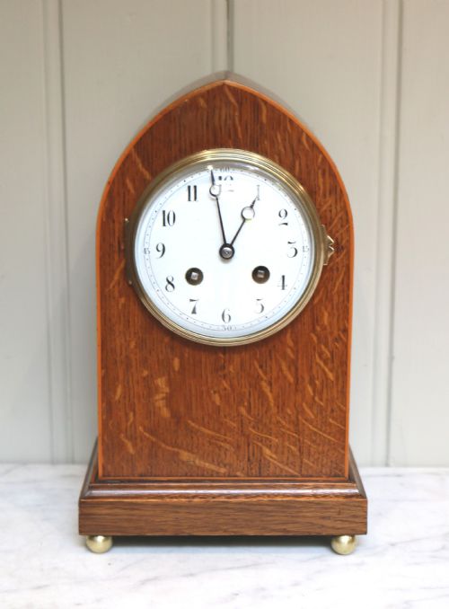 fig 1. Edwardian Solid Oak Lancet Top Mantel Clock (England and France, c. 1910)