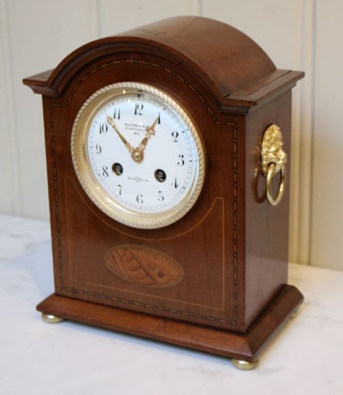 fig 1. Edwardian Mahogany and Inlay Striking Mantel Clock (England and France, c. 1900)