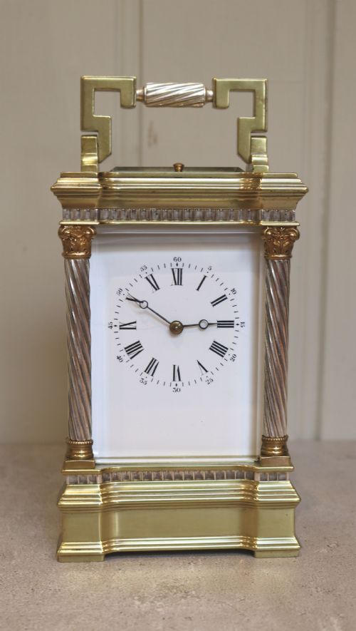 Large Brass and Silver Plate Corinthian Carriage Clock (France, C. 1900)