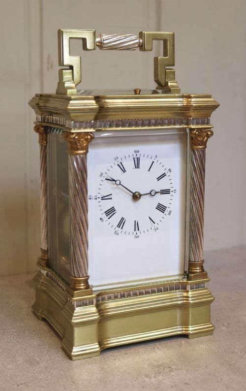 fig 1. Large Brass and Silver Plate Corinthian Carriage Clock (France, c. 1900)
