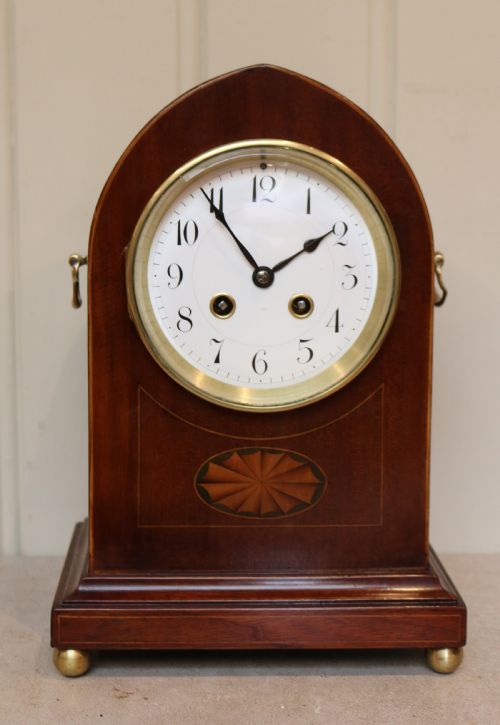 fig 1. Edwardian Mahogany and Inlay Lancet Top Mantel Clock