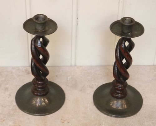Pair of Liberty & Co Tudric Pewter and Oak Candlesticks