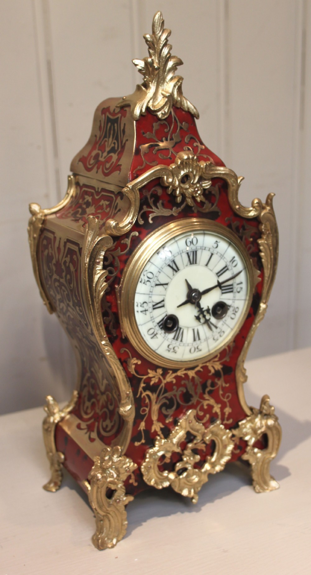 French Tortoiseshell and Brass Inlay Boullework Mantel Clock