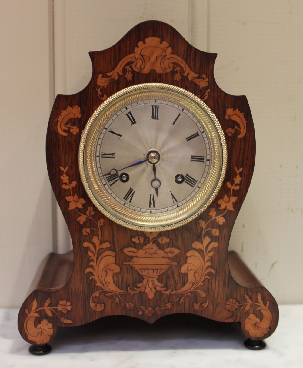 Small Bell Striking Rosewood and Marquetry Mantel Clock