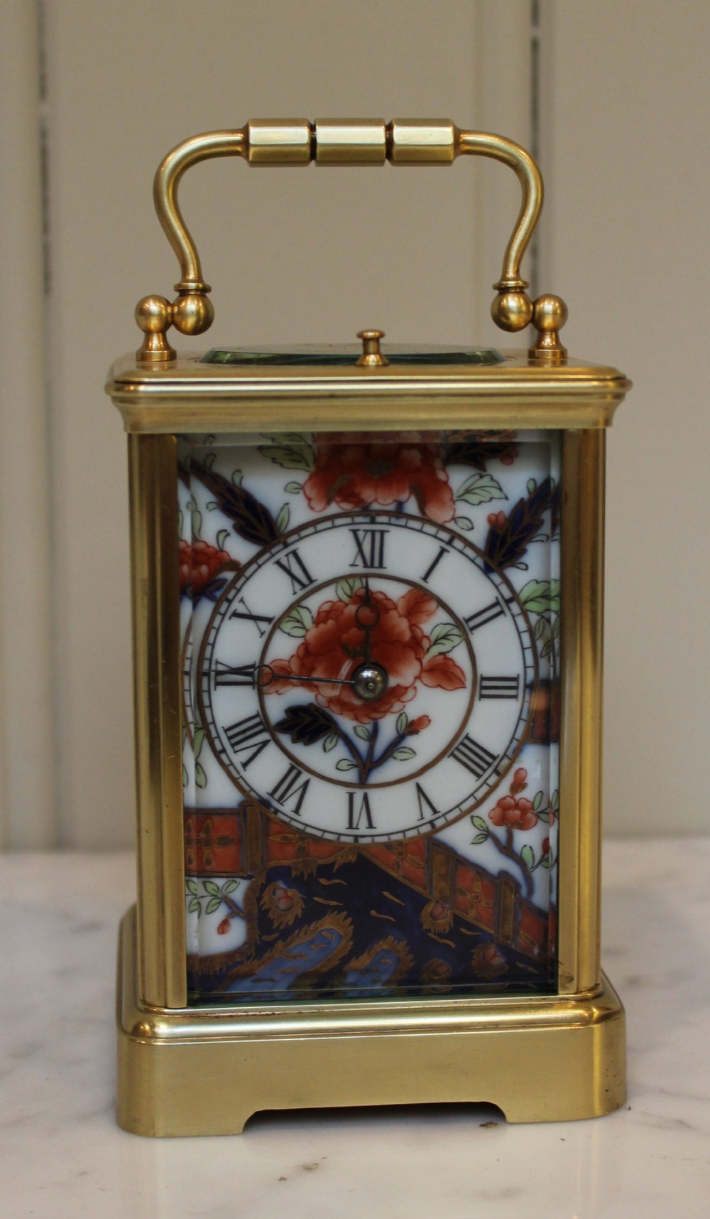 Rare French Carriage Clock by Drocourt with Derby Imari style panels 