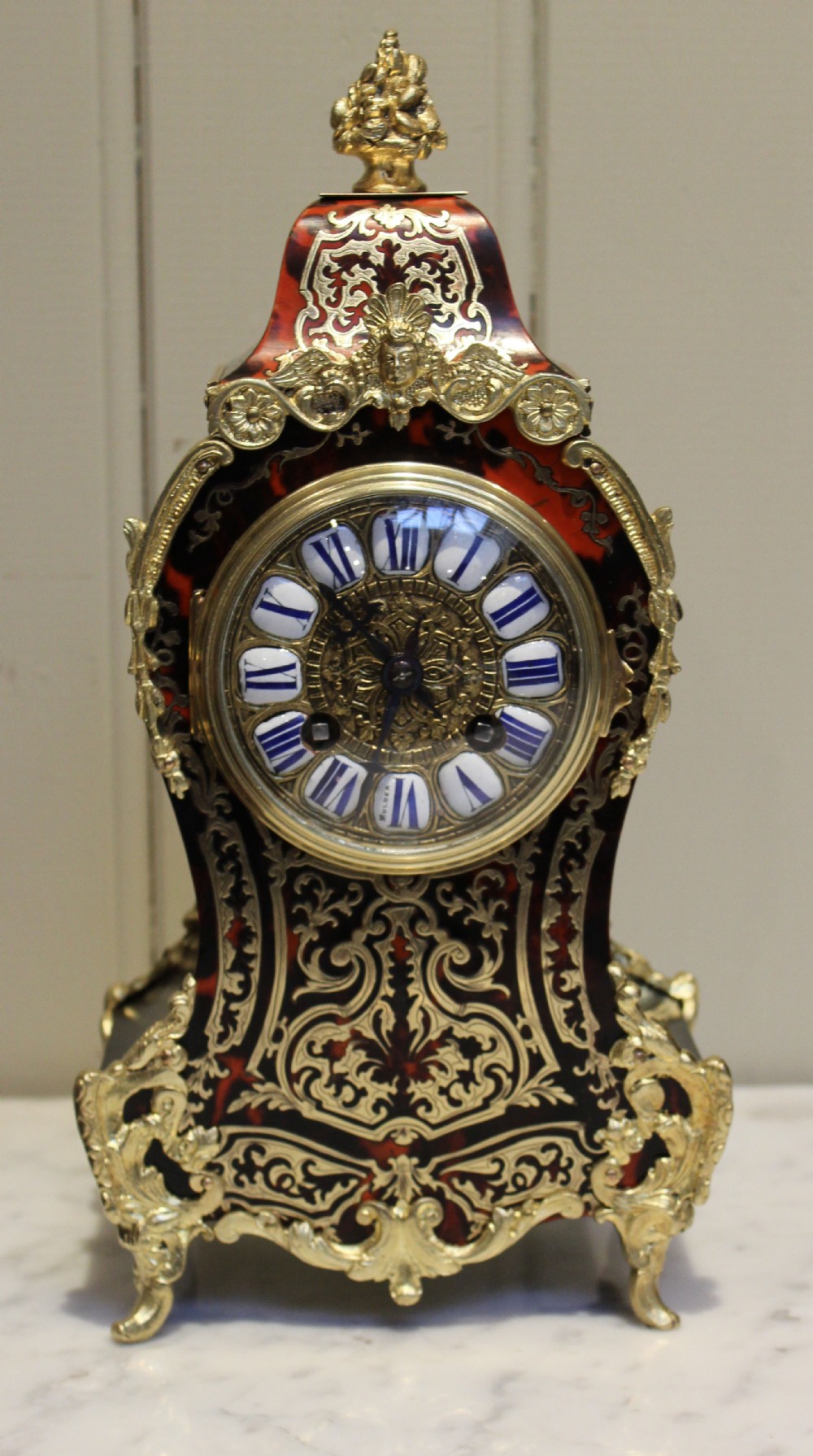 French Tortoiseshell and Brass Inlay Boullework Mantel Clock 