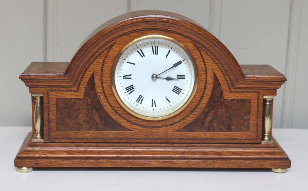 Edwardian Solid Oak and Inlay Timepiece Mantel Clock 