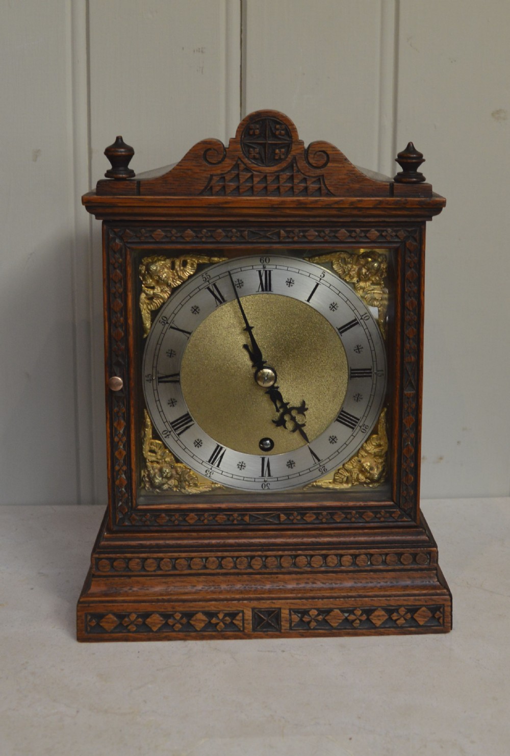 Carved Oak Timepiece Mantel Clock