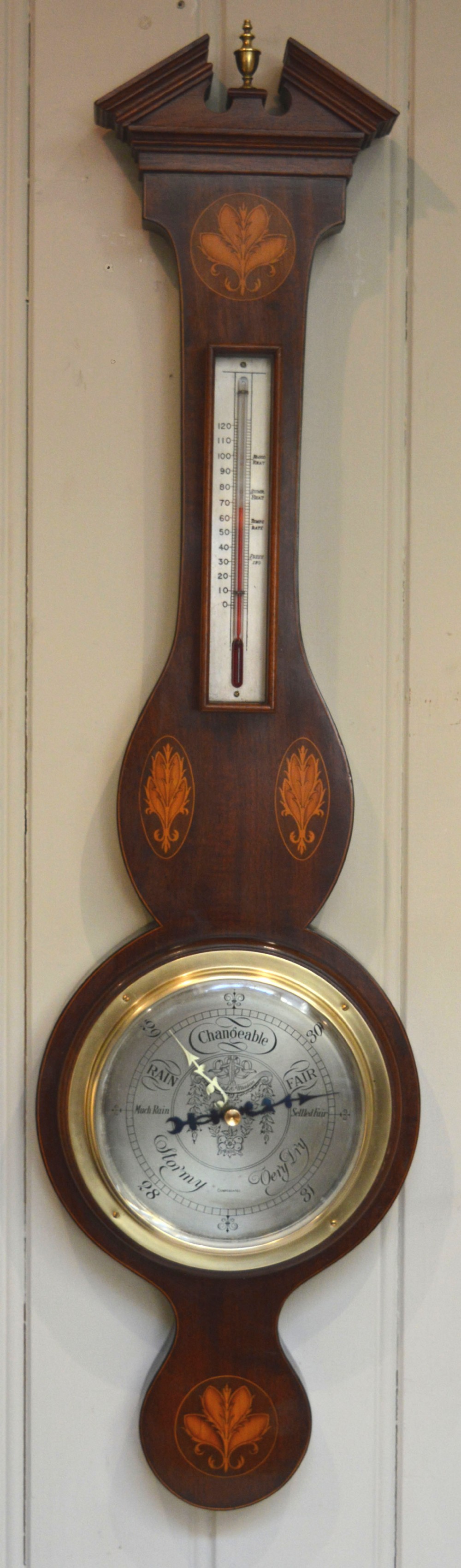 Edwardian Sheraton Style Mahogany and Inlay Aneroid Barometer 