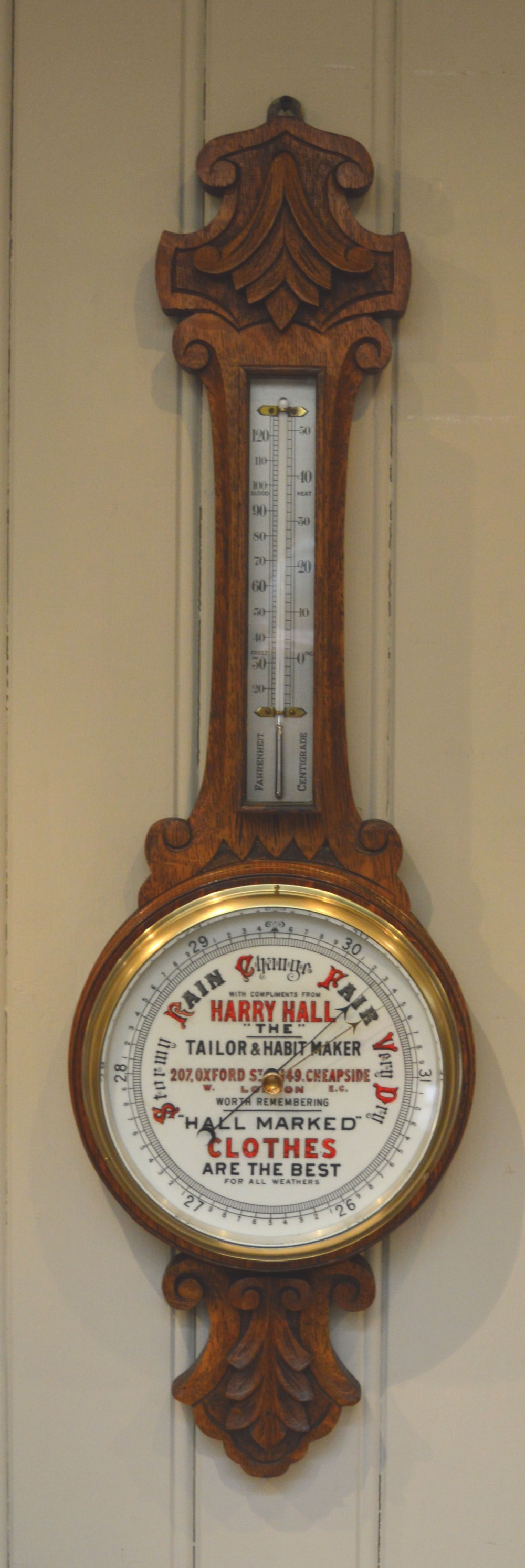 Oak Harry Hall Advertising Aneroid Barometer. (England, c. 1910)