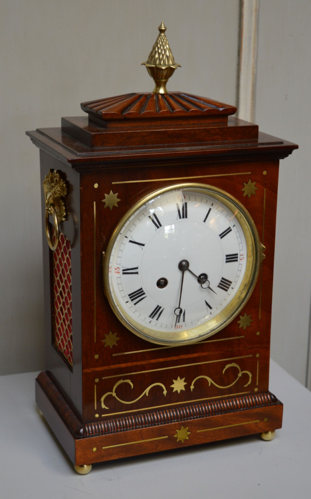 Regency Style Mahogany And Brass Inlay Chamfer Top Bracket Clock 