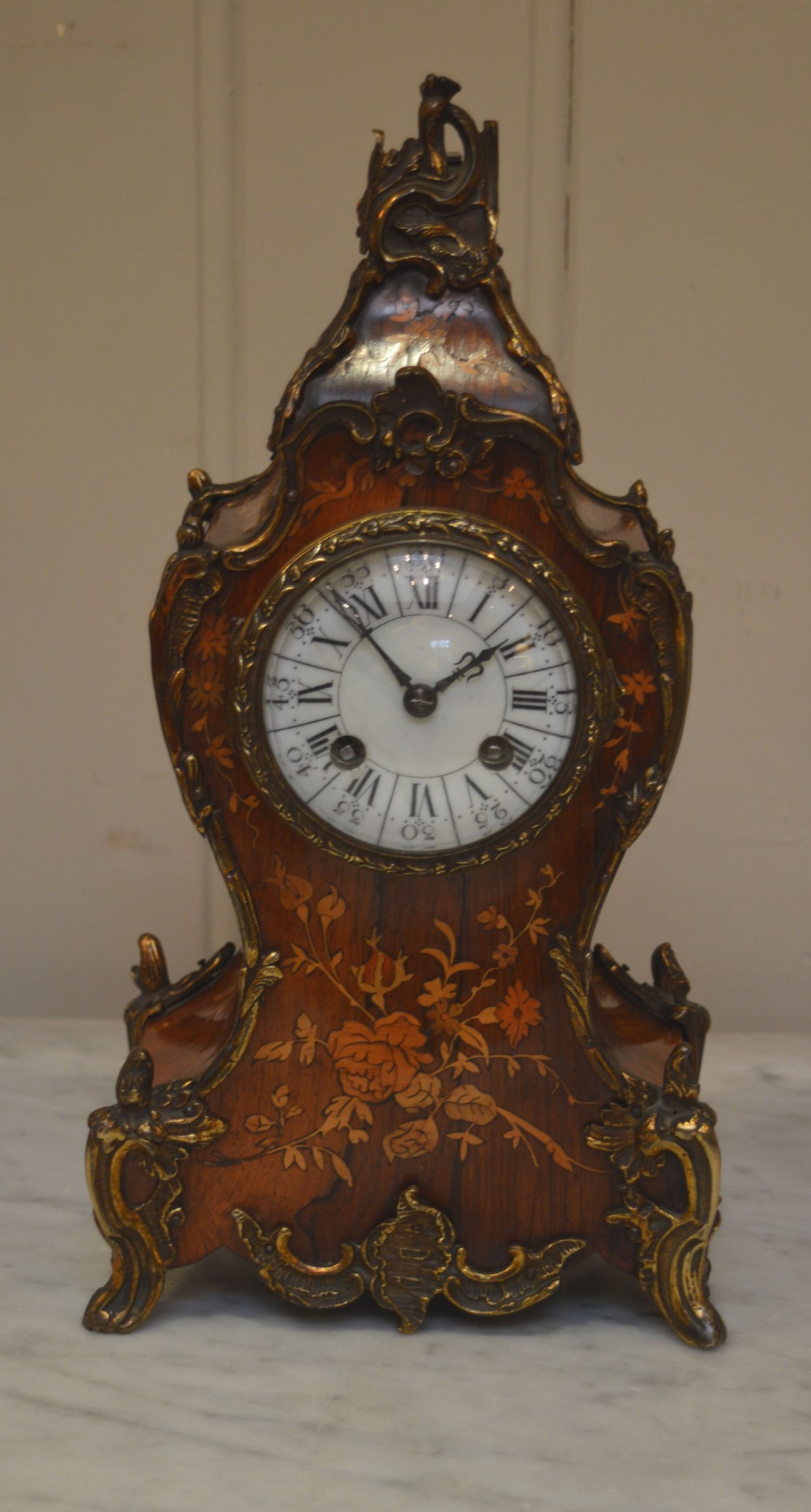 Late 19th Century French Rosewood and Marquetry Mantel Clock (France, c. 1880)