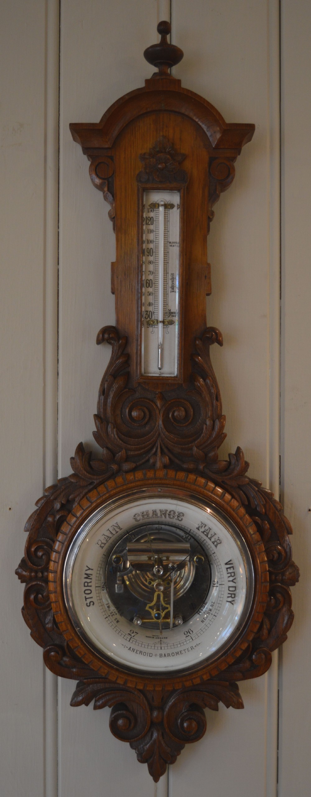 Late Victorian Solid Oak Aneroid Barometer (England, 1888)