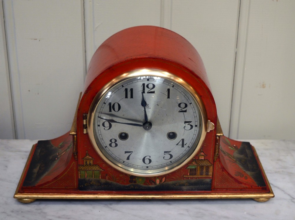 Red Chinoiserie Napoleon Hat mantel Clock 