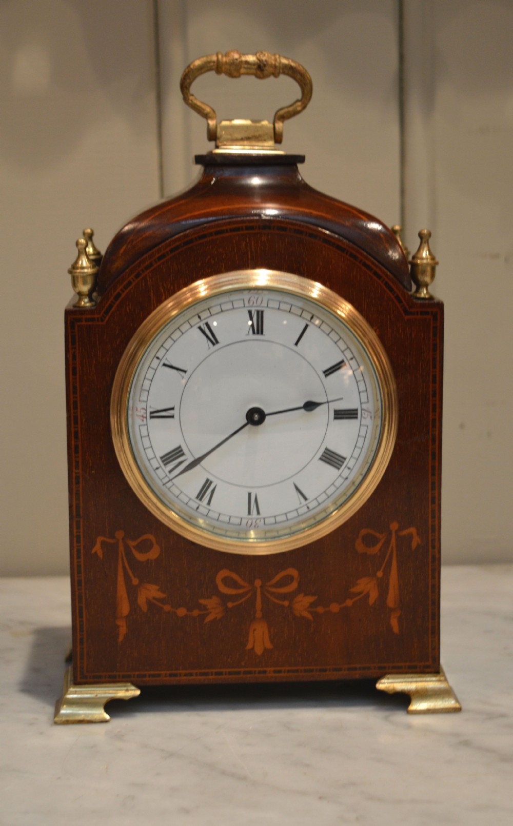 Edwardian Mahogany and Inlay Miniature Timepiece Bracket Clock 