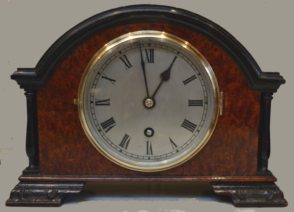 Thuya Burr Walnut Timepiece Mantel Clock (England, c. 1910 to 1920)