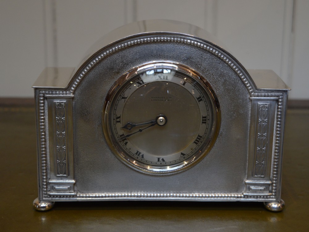 Small Silver Plated Mantel Clock By Harrods (England, c. 1920)