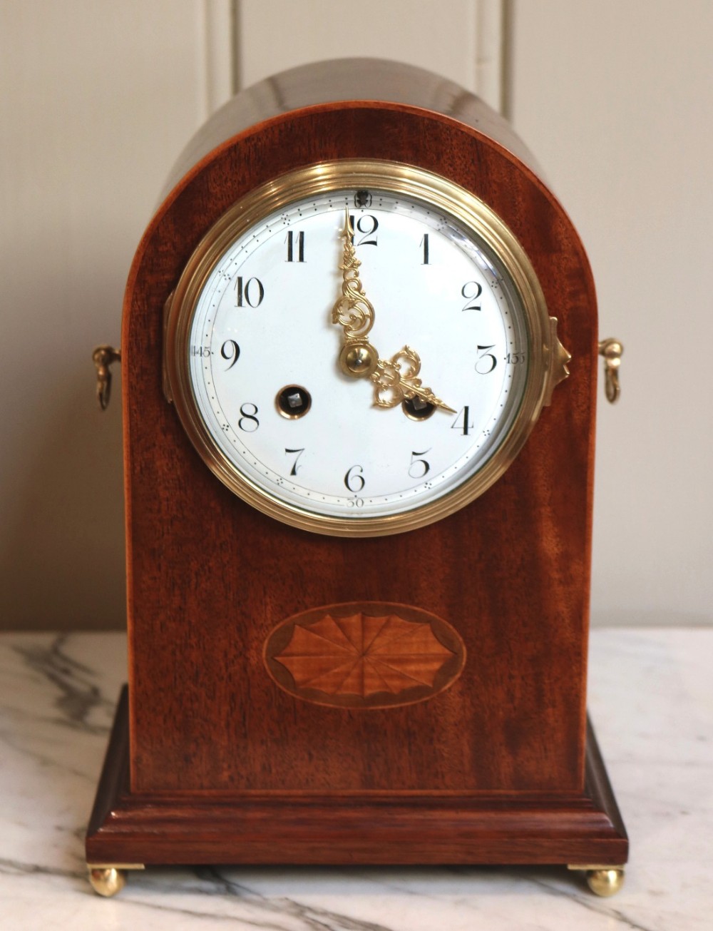 Edwardian Mahogany and Inlay Striking Mantel Clock (England and France, c. 1905)