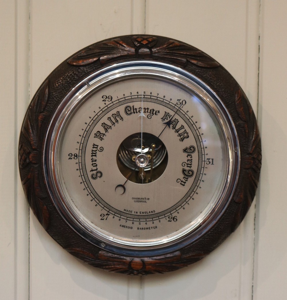 Carved Oak Aneroid Barometer (England, c.1930)
