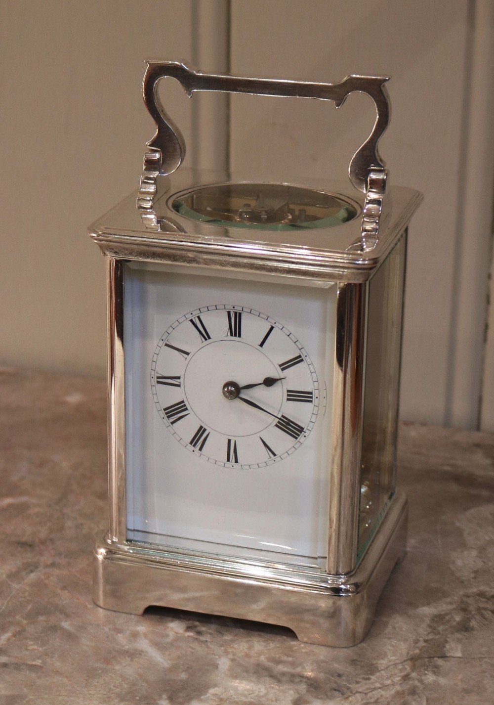Large Silver Plated French Carriage Clock in Original Case (France, c. 1890)