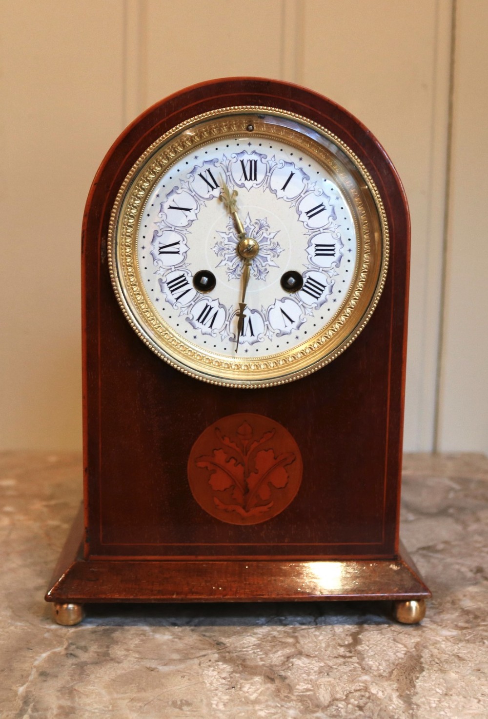 Edwardian Mahogany and Inlay Striking Mantel Clock (France, 1900)