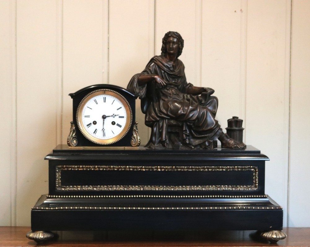 Ornate French Slate and Bronze Mantel Clock (France, c. 1890)
