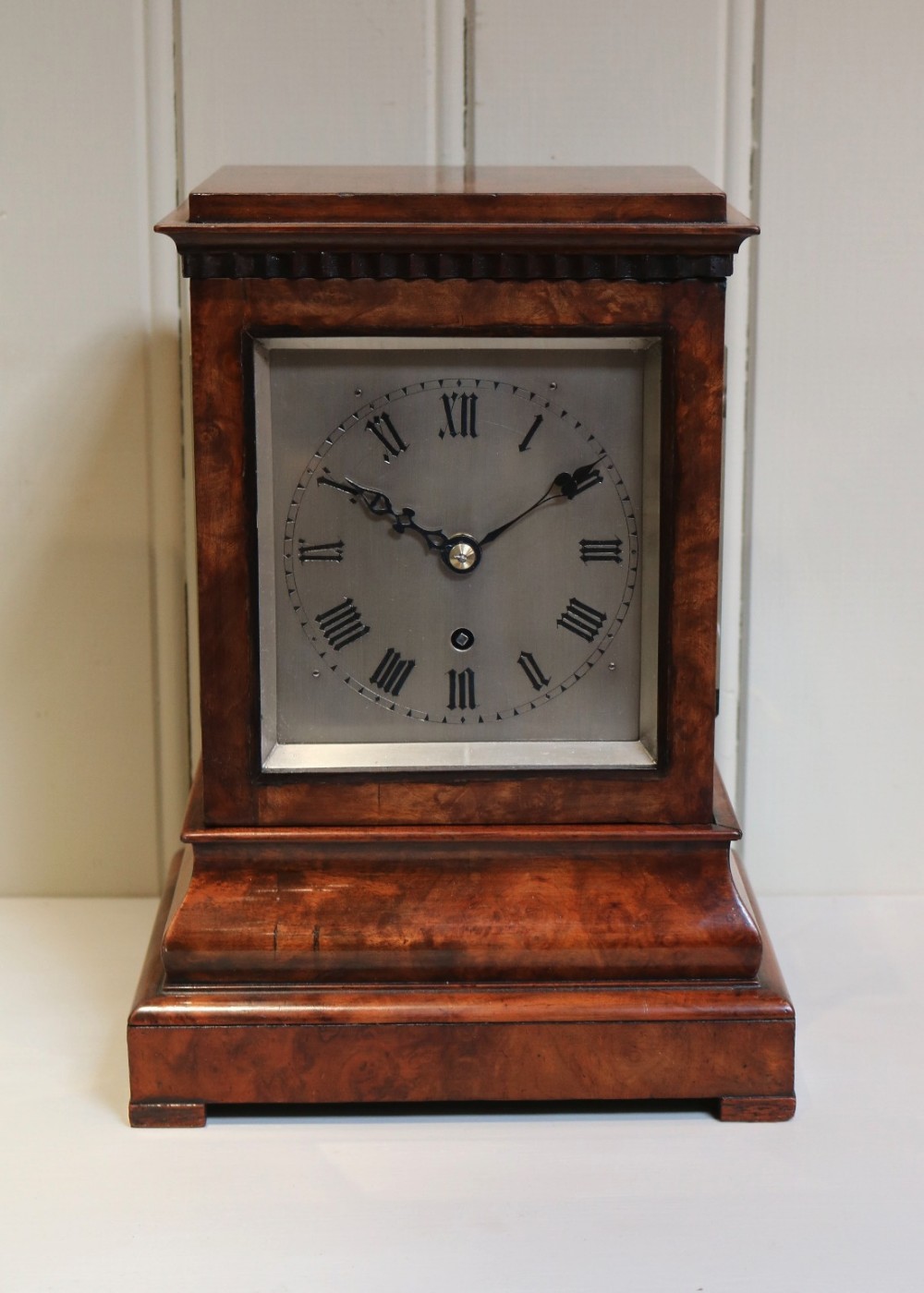 Burr Walnut Four Glass Library Timepiece Bracket Clock (England, c. 1860)