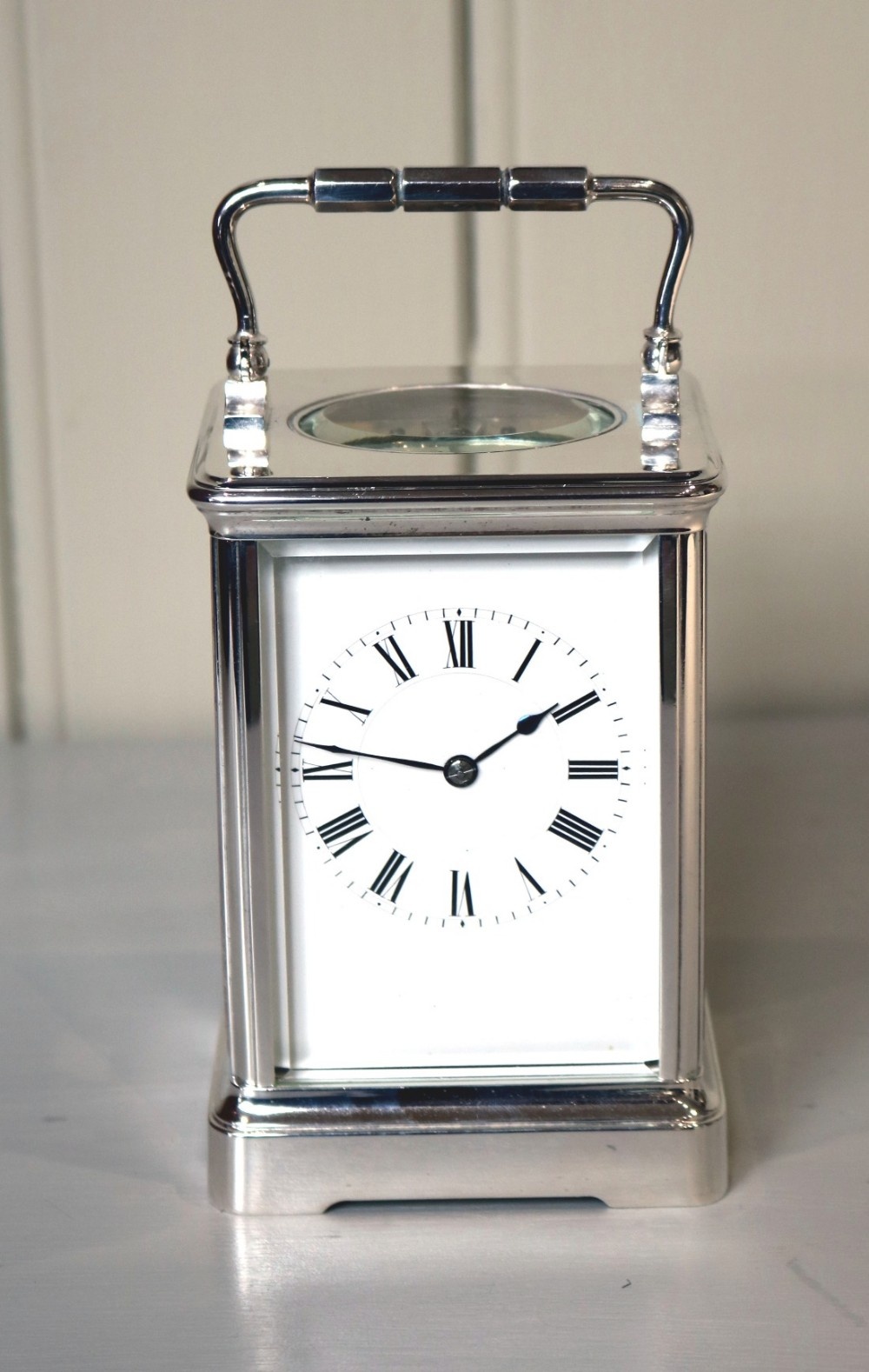 Large Silver plated carriage Clock (France, c. 1890)