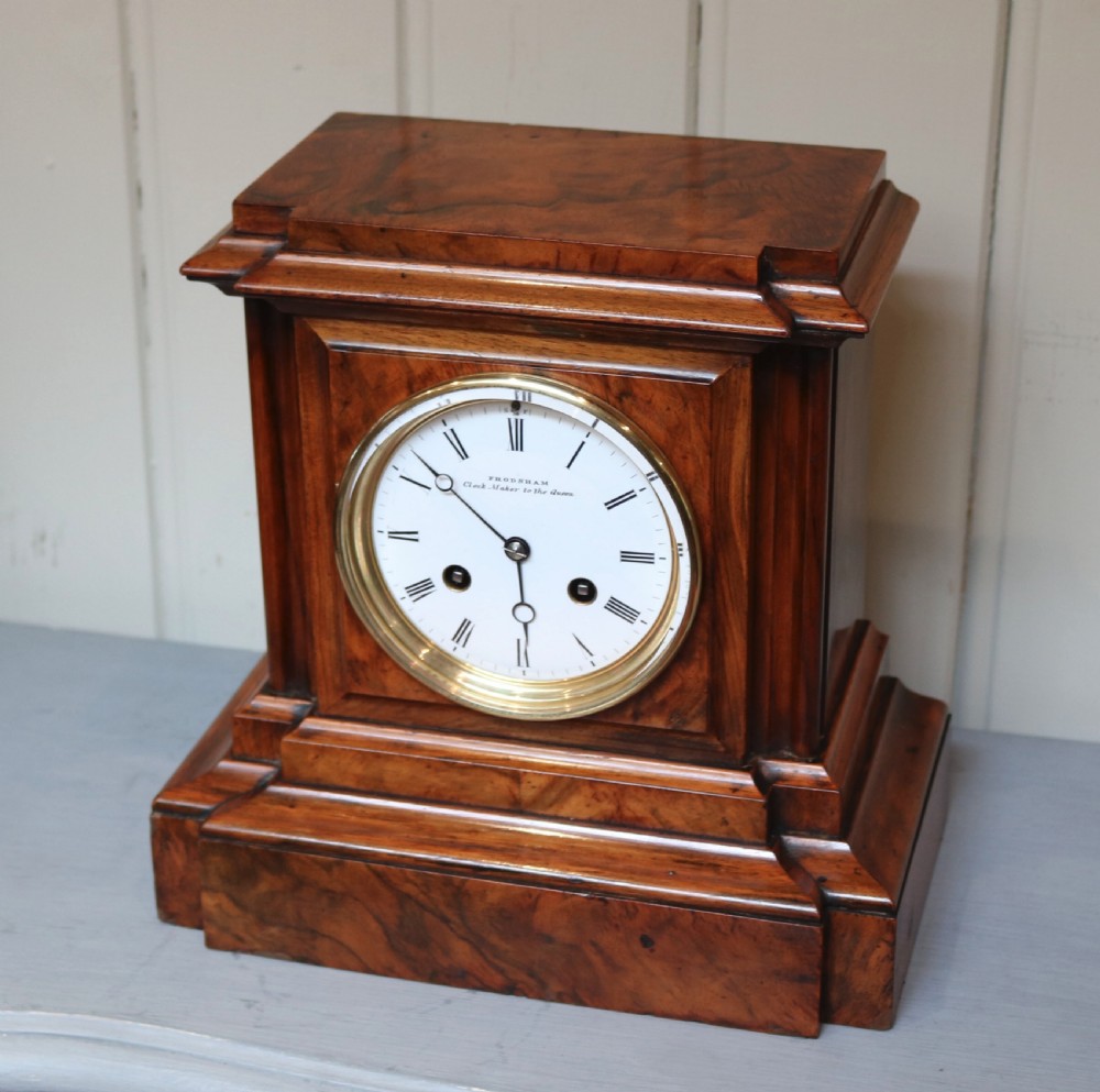 Figured Walnut Bell Striking Mantel Clock (England, c. 1870) View II