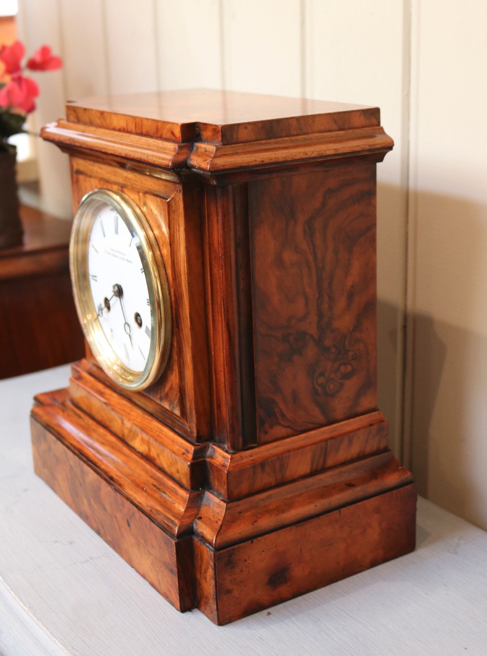 Figured Walnut Bell Striking Mantel Clock (England, c. 1870) View VII