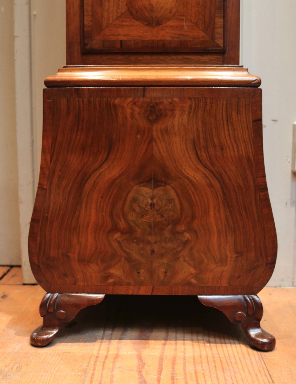 Figured Walnut Westminster Chime Grandmother Clock (England, c. 1920) View III