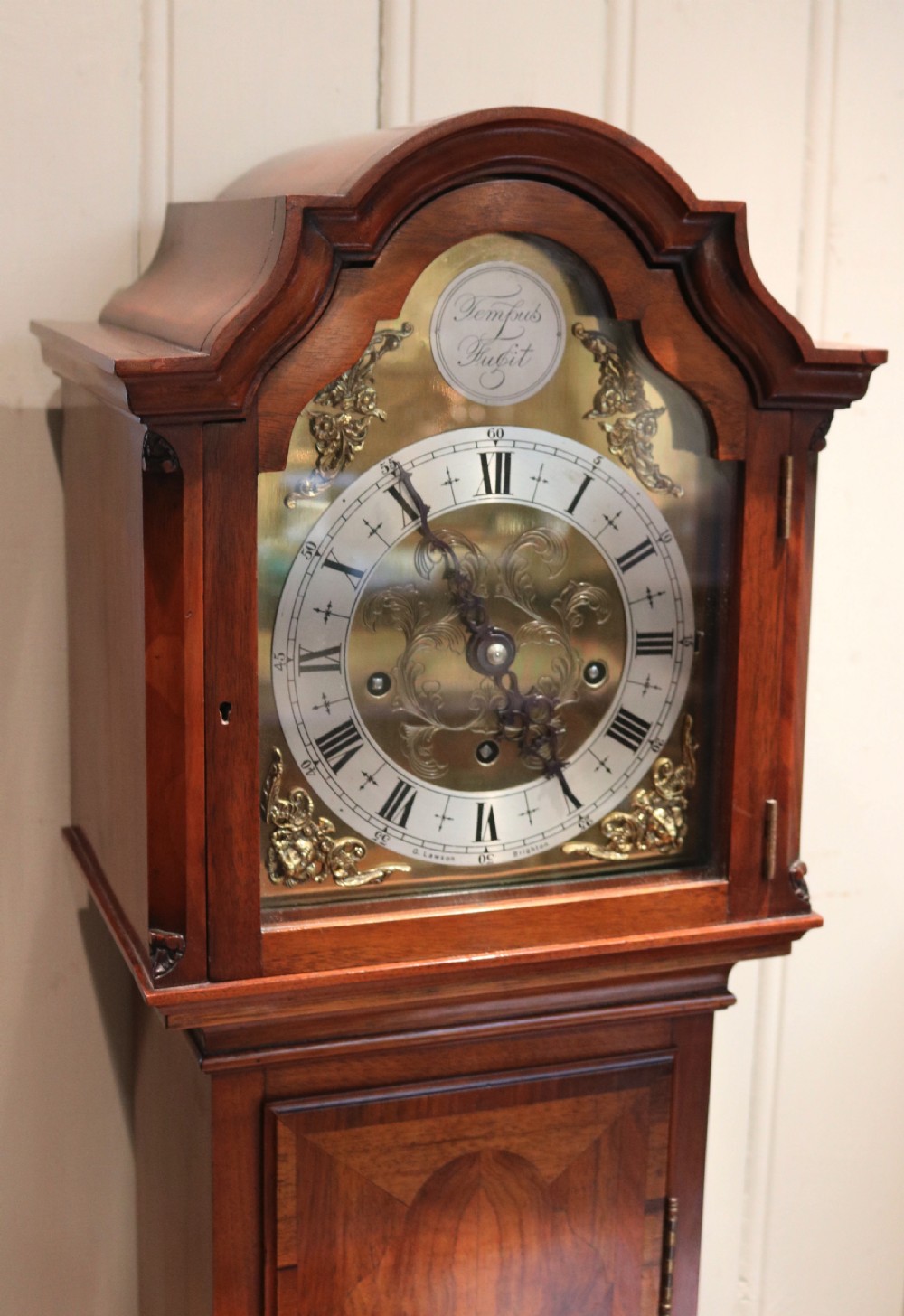 Figured Walnut Westminster Chime Grandmother Clock (England, c. 1920) View IX