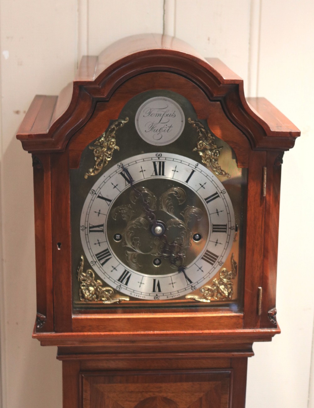 Figured Walnut Westminster Chime Grandmother Clock (England, c. 1920) View X