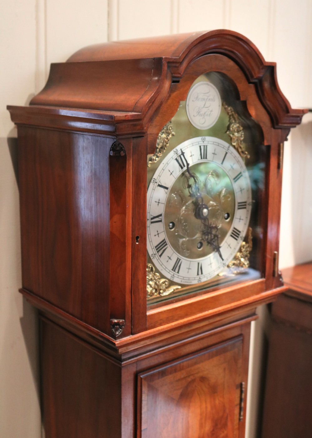 Figured Walnut Westminster Chime Grandmother Clock (England, c. 1920) View XI