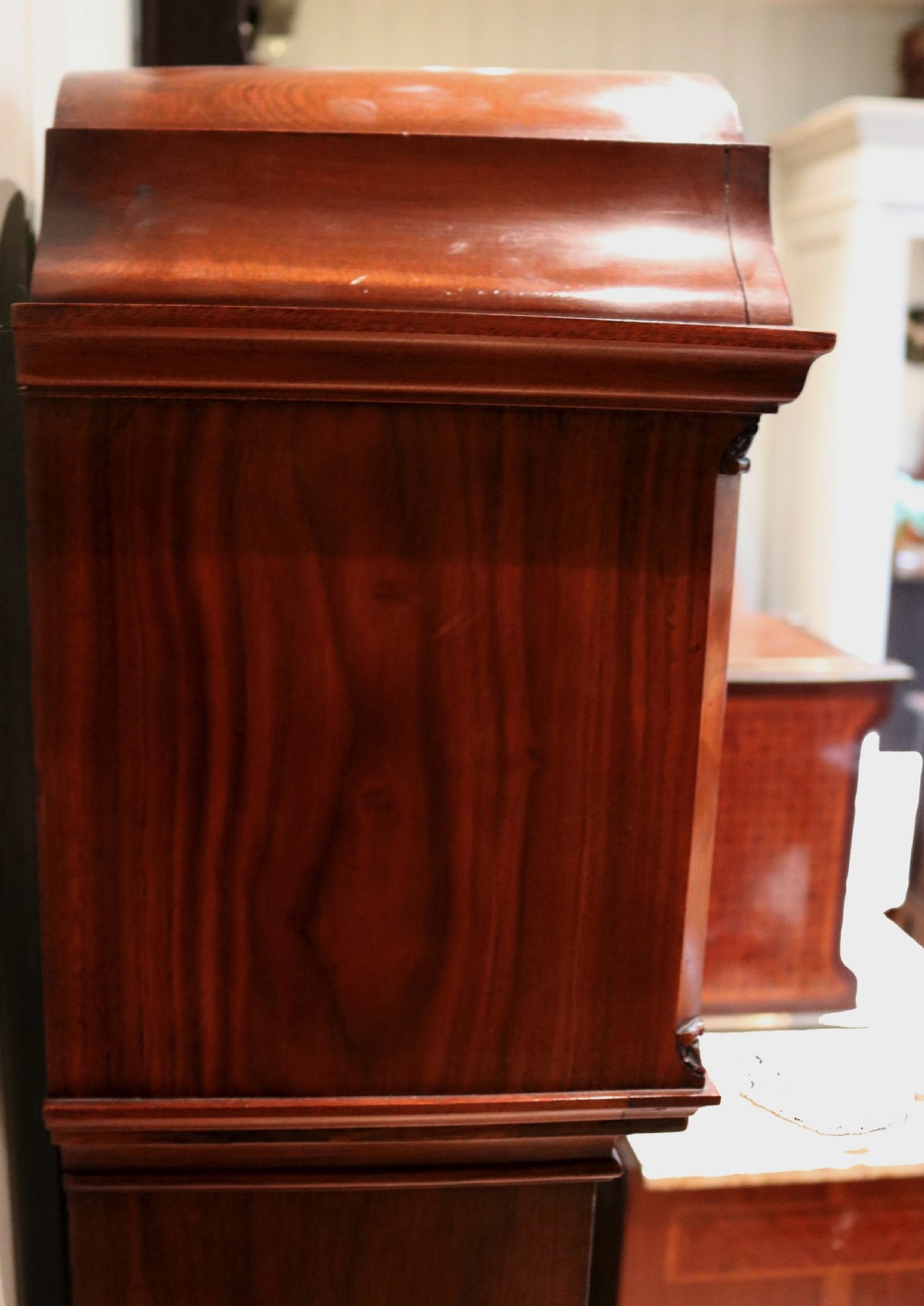 Figured Walnut Westminster Chime Grandmother Clock (England, c. 1920) View XII