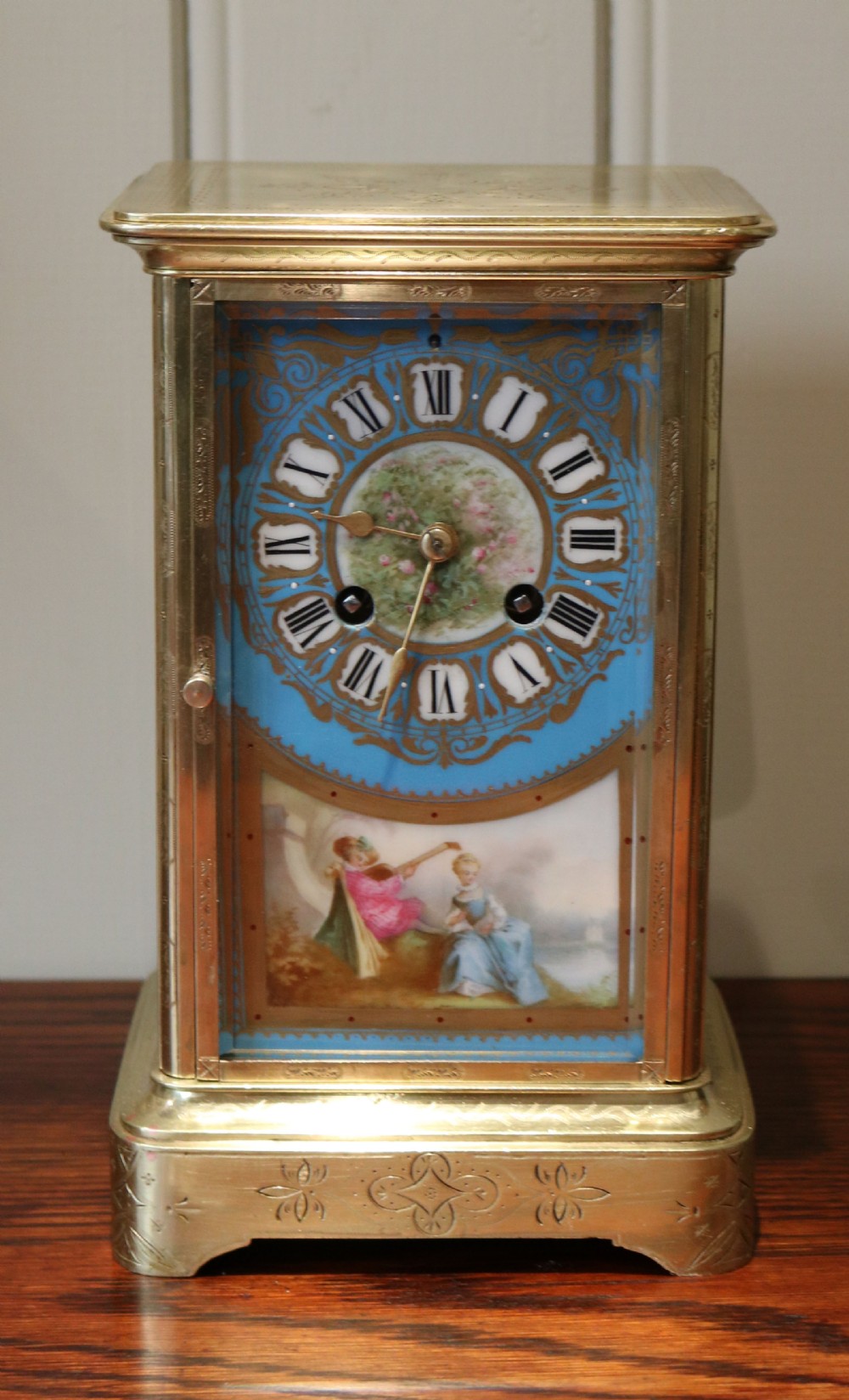 Porcelain Panel Bell Striking Four Glass Clock (France, c. 1870)
