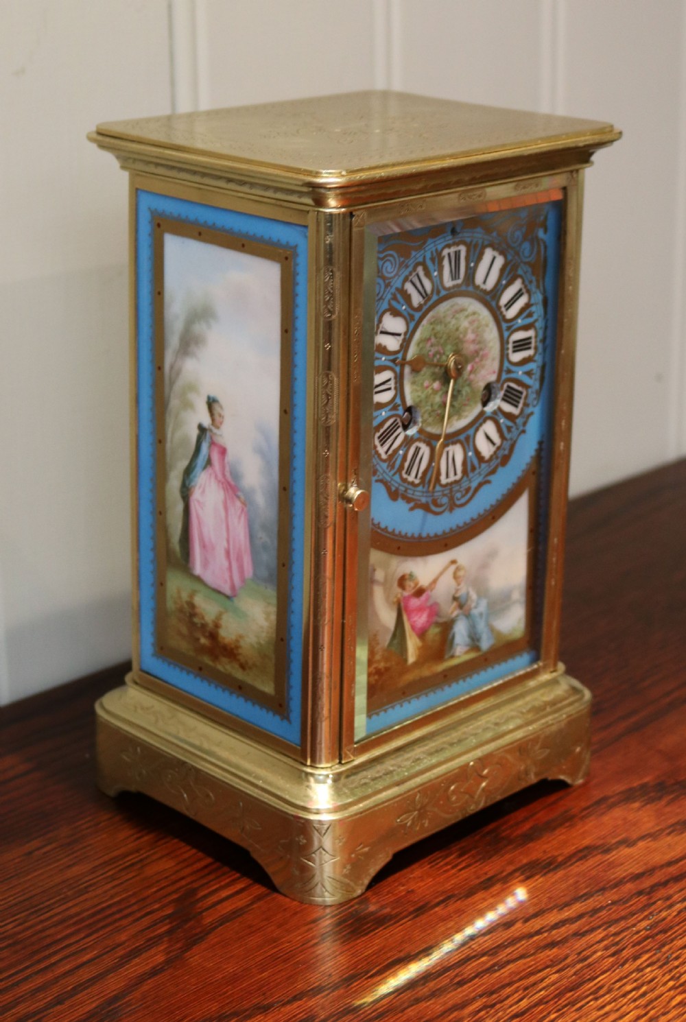 Porcelain Panel Bell Striking Four Glass Clock (France, c. 1870) View IV
