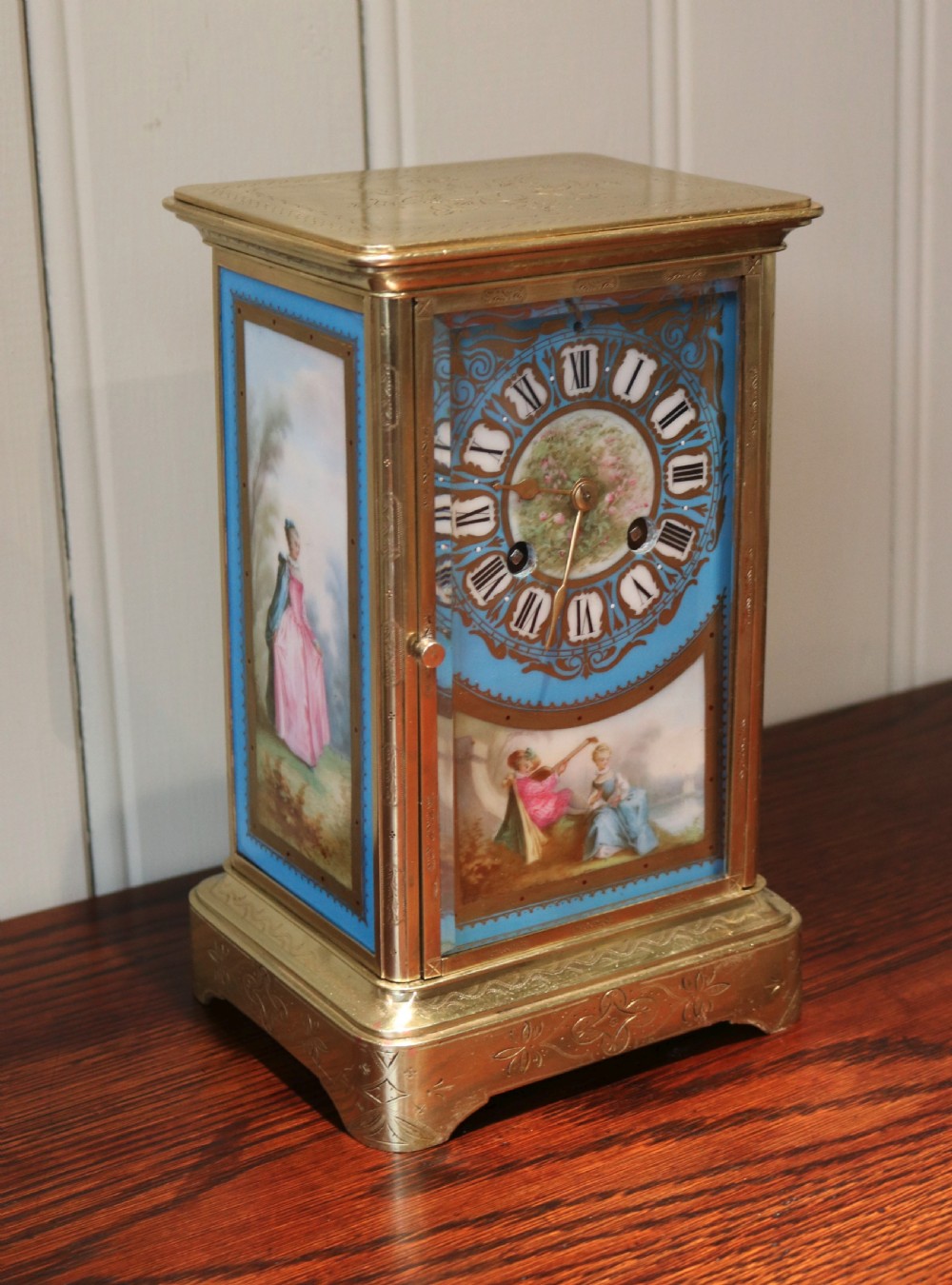 Porcelain Panel Bell Striking Four Glass Clock (France, c. 1870) View V