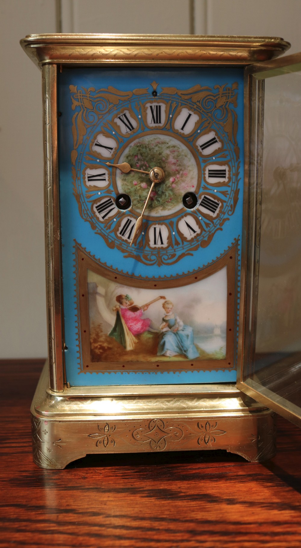 Porcelain Panel Bell Striking Four Glass Clock (France, c. 1870) View VI
