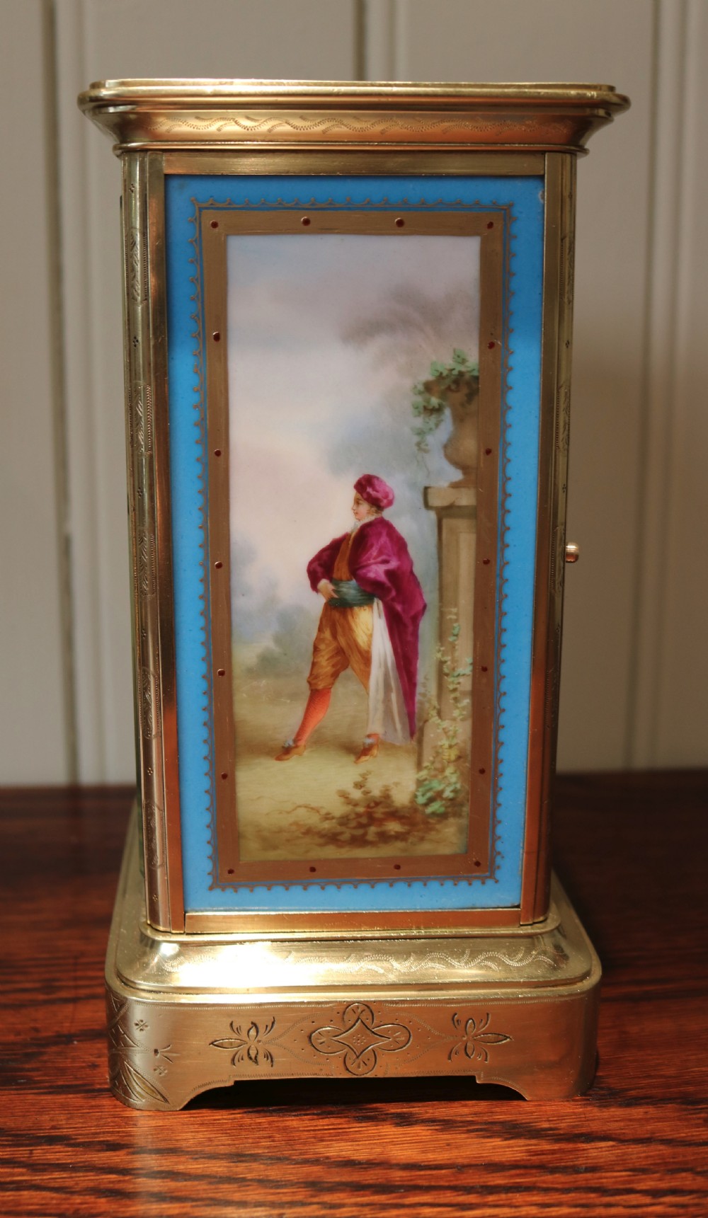 Porcelain Panel Bell Striking Four Glass Clock (France, c. 1870) View VII