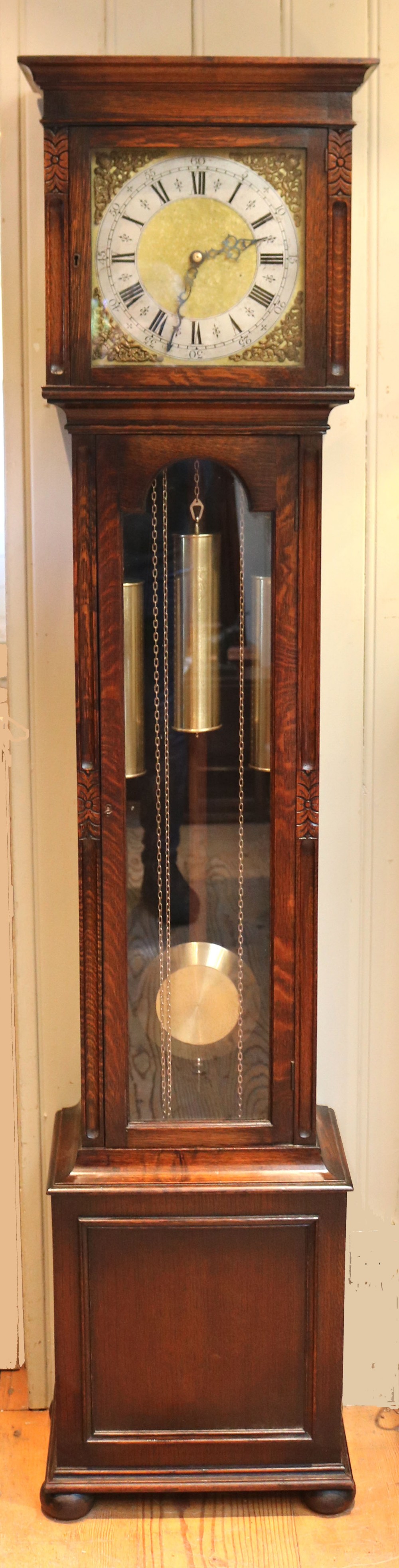 Small Oak Westminster Chime Longcase Clock (England, 1910 to 1920)