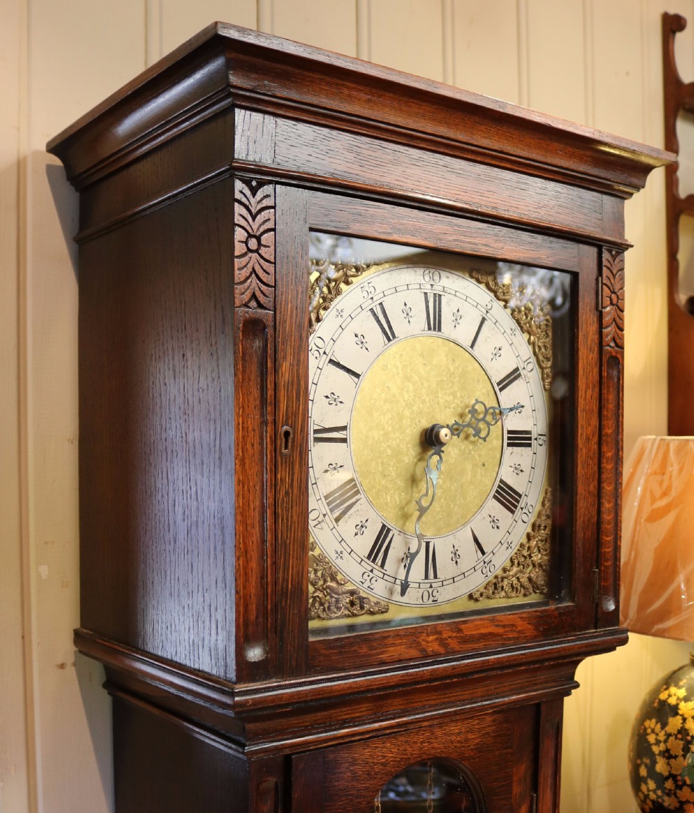 Small Oak Westminster Chime Longcase Clock (England, 1910 to 1920) View V