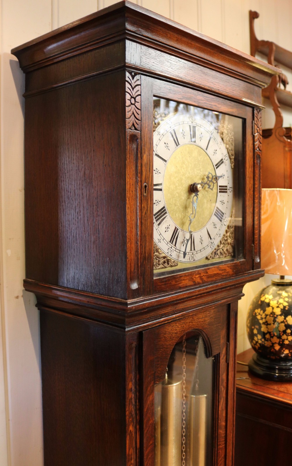 Small Oak Westminster Chime Longcase Clock (England, 1910 to 1920) View VI
