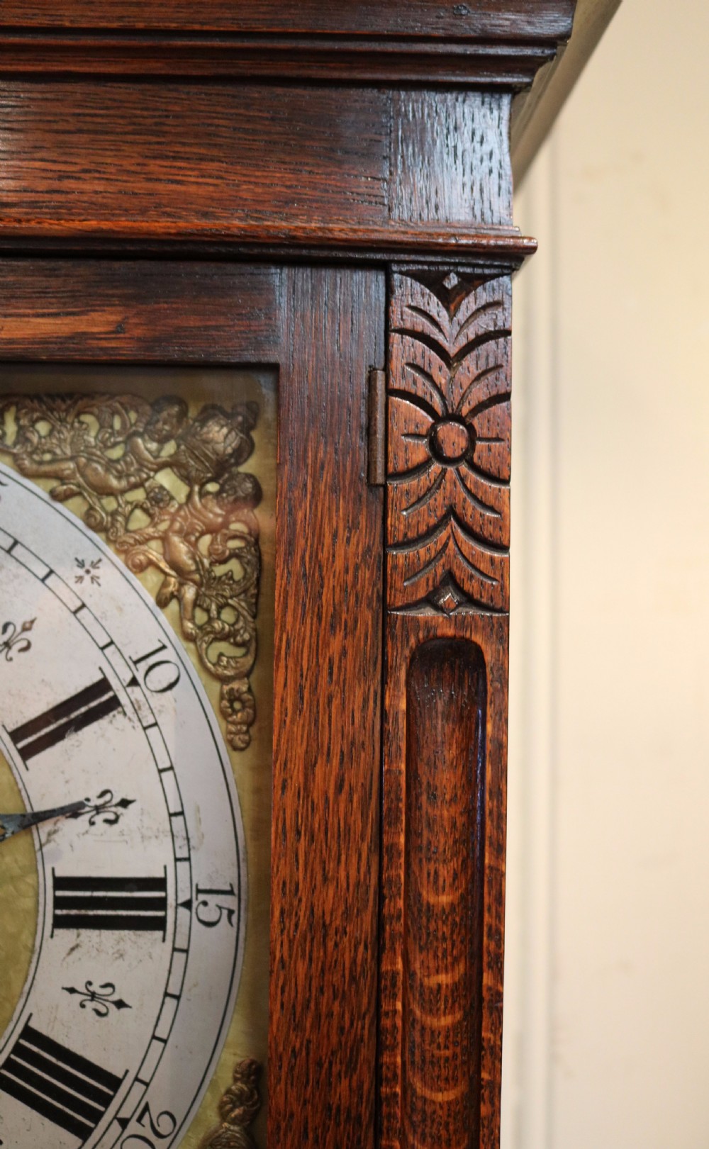 Small Oak Westminster Chime Longcase Clock (England, 1910 to 1920) View VIII