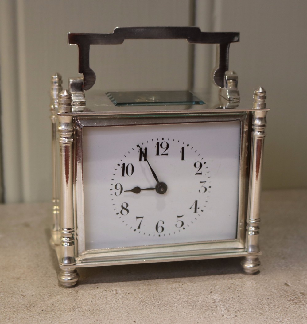 Silver Plated Timepiece Carriage Clock With Case (France, c. 1910