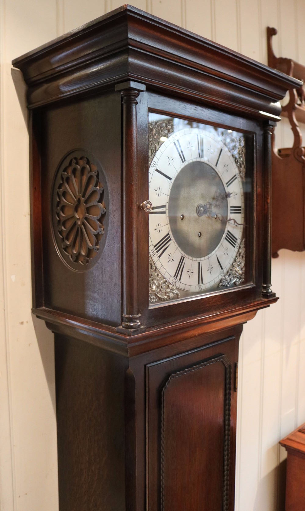Small Oak Westminster Chime Longcase Clock (England, c. 1910) View II