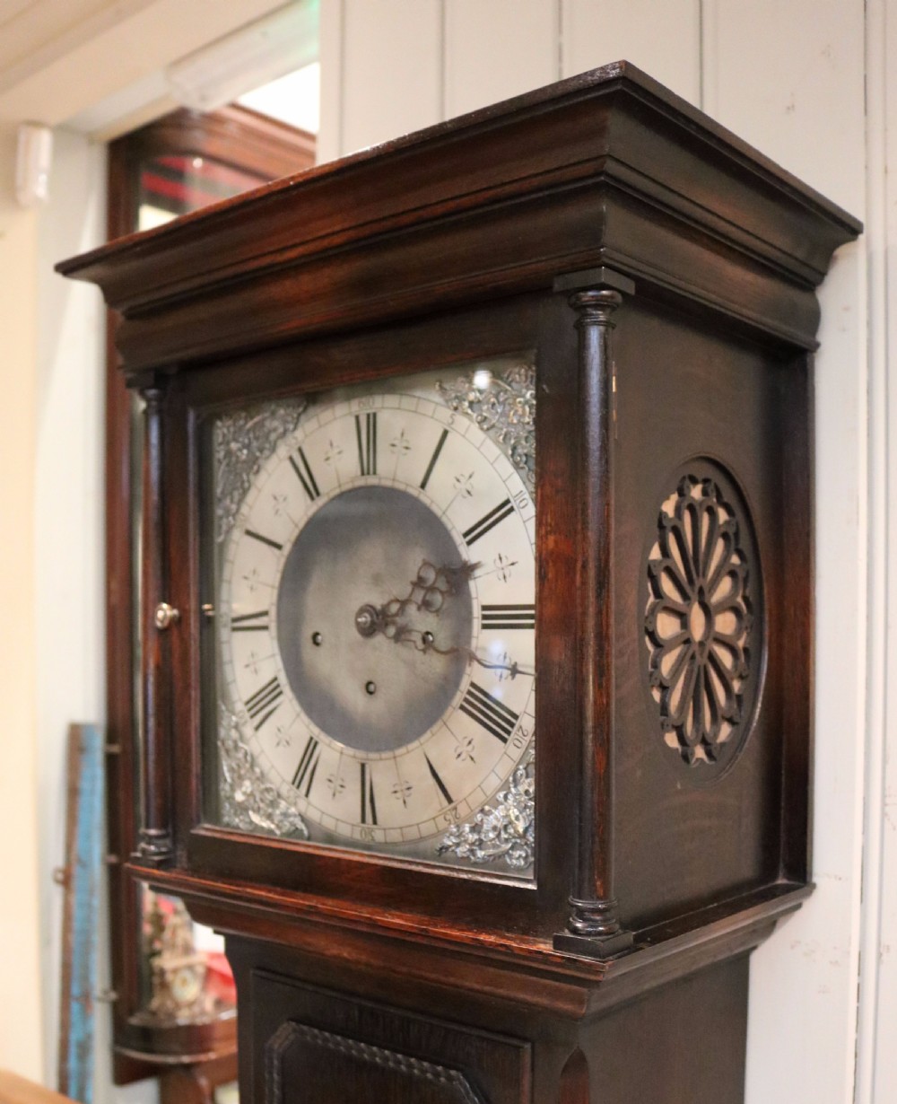 Small Oak Westminster Chime Longcase Clock (England, c. 1910) View III