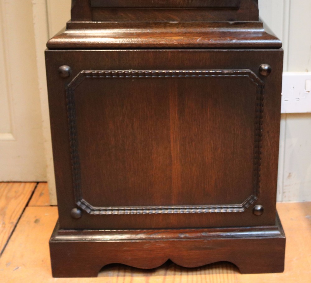 Small Oak Westminster Chime Longcase Clock (England, c. 1910) View V